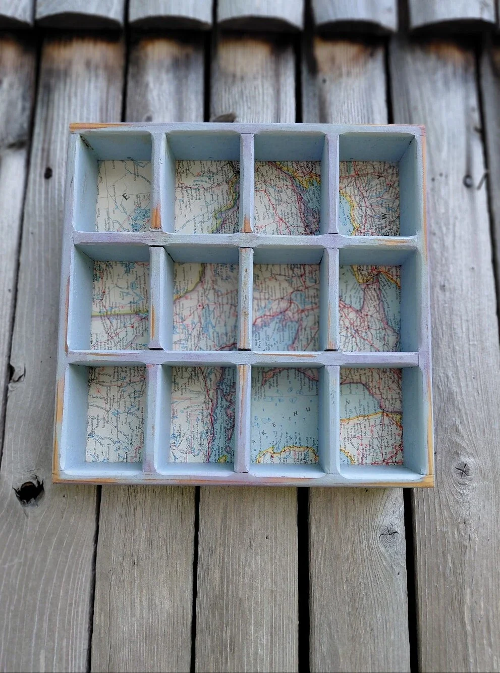 Handmade blue wooden mini wall curio display shelf w/ vintage road maps